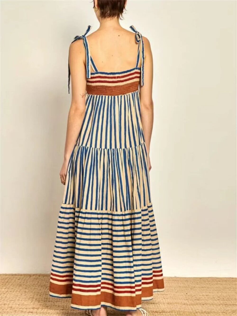 Women's Blue and Cream Striped Maxi Dress with Tie Straps - Picture 3 of 8
